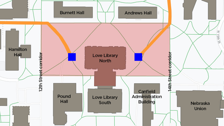 the Love Library North project will redirect traffic through the heart of City Campus this summer. A fence will block the site (indicated in red), stretching from sidewalks north and south of Love Library North (including the pathway under the Love Library Link) and from the 12th and 14th street corridors to the west and east. It will include two crane sites (blue) and drives (orange) that will be used to remove material from the site. 