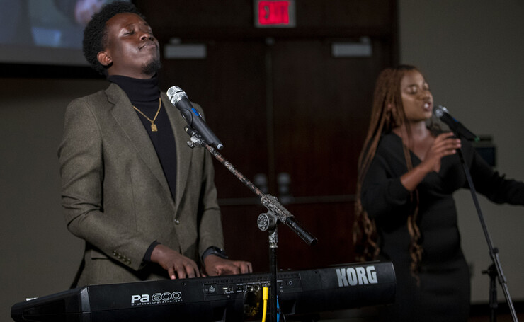 Live Lyve members (from left) Japhet Ingeri and Starr Uwamahoro perform during the Jan. 25 MLK Week celebration. The band features Huskers from Rwanda.