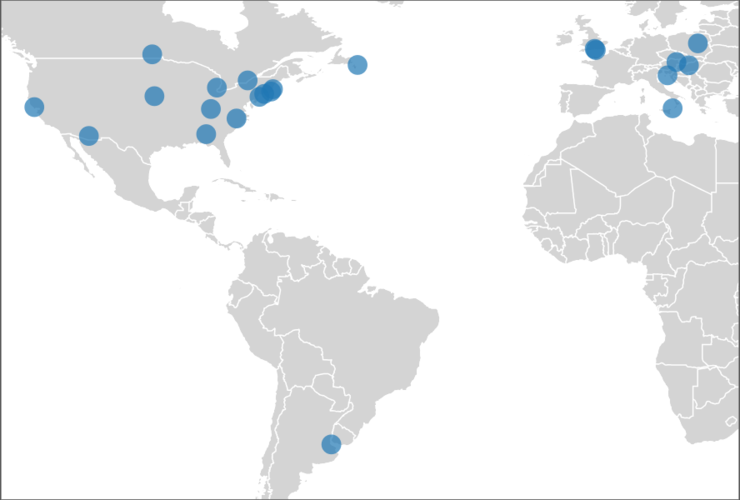 A world map dotted with the locations of labs that have joined the ManyDogs Project