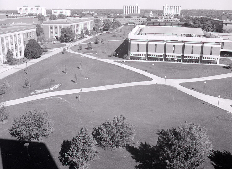 Tiny trees dot the Cather Garden west of Love Library in this undated photo. Today, the space includes the orange, metal sculpture, "Old Glory."