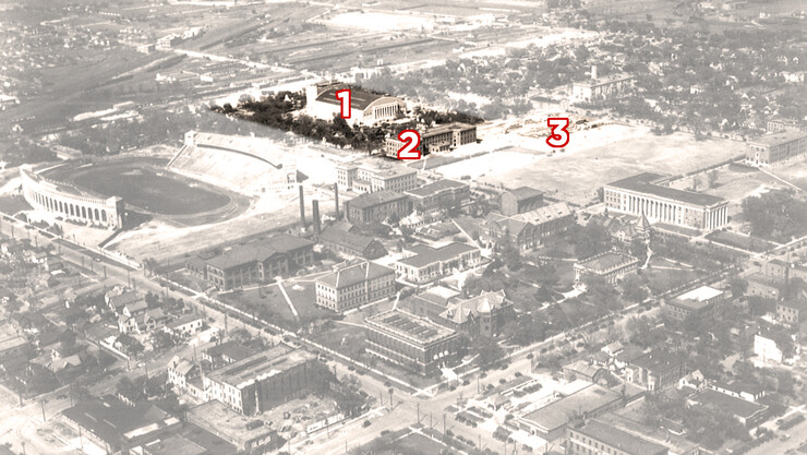 Some of the first buildings constructed around what is today the loop road on the east side of Memorial Stadium were: 1. Coliseum (1925); 2. Bessey Hall (1916); and 3. Morrill Hall (which opened in 1927 and shown here under construction).