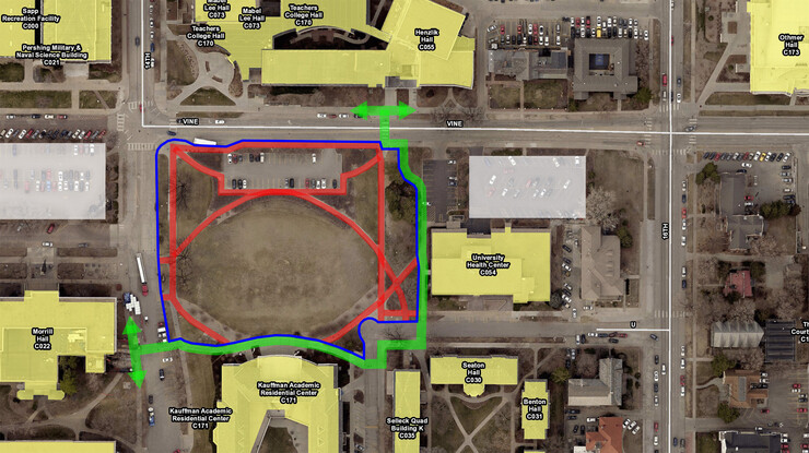 Construction of the new College of Business Administration Building on the southeast corner of 14th and Vine streets is scheduled to begin during UNL's spring break, March 23-27. The blue line shown marks the area affected by the project. The red line indicates sidewalks that will be closed. The green line identifies sidewalks that will be open to pedestrians. The two white squares are parking lots where Area F2 permit holders are being directed to park.