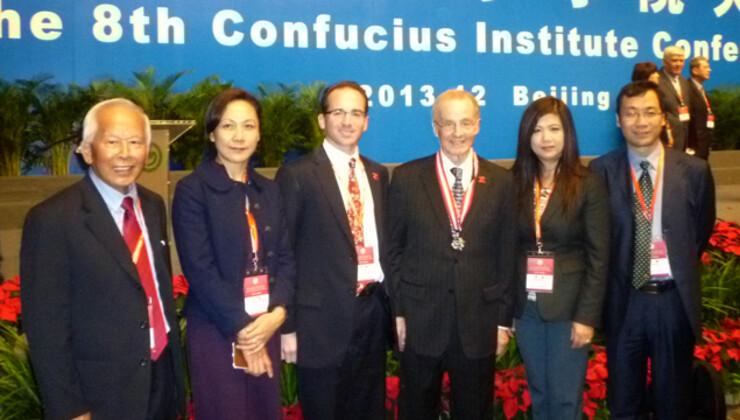 Chancellor Harvey Perlman (fourth from left) stands with UNL's David Lou, Susan Song, Bill Nunez, Rachel Zeng and Pingan Huang after the awards ceremony in Beijing, China.