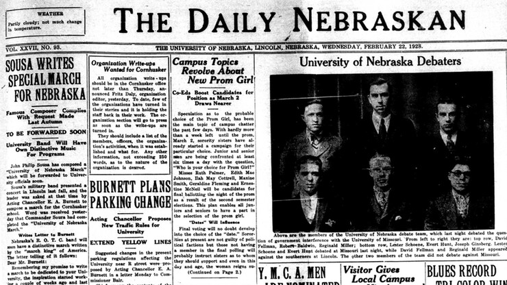 The Feb. 22, 1928 edition of The Daily Nebraskan includes a story (top, left) about John Philip Sousa composing a march for the University of Nebraska.
