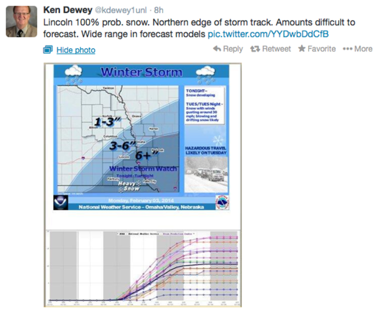 A Tweet from Ken Dewey outlining the 100 percent chance of snowfall in Lincoln on Feb. 3-4.