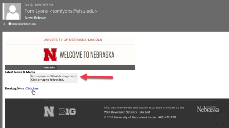 The "News Release" phishing email is branded to look like a university website and includes a link to a malicious website designed to steal log in credentials. Click this image to enlarge.