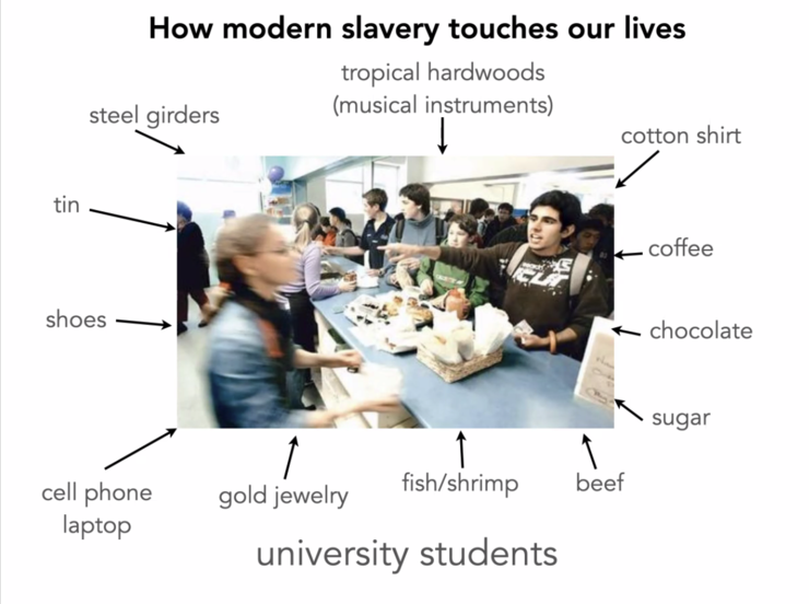 Bales showed this image, illustrating the many products and services encountered every day that may come from slave labor.