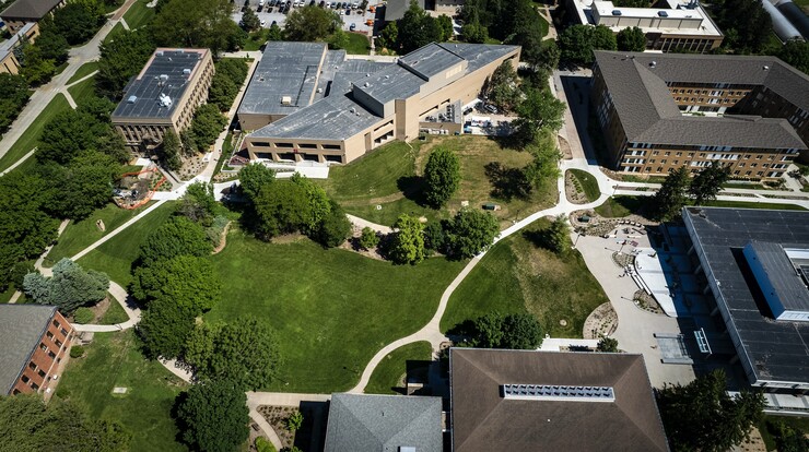 Aerial photo of the green space on UNL's East Campus that will be renovated to create the Legacy Plaza