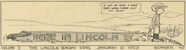 A header for "Here in Lincoln" laments the lack of snow in Lincoln.