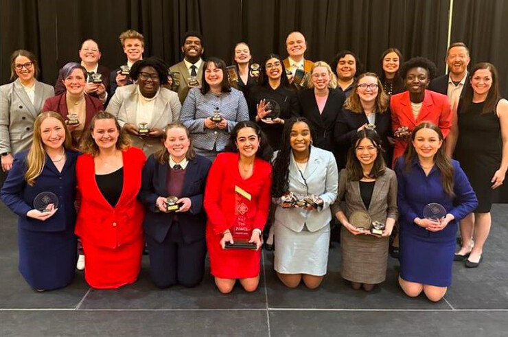 Speech team members who competed at the national tournament are (front row, from left) Elizabeth Harding, Caitlyn Enderle, Gwen Leuschen, Hailey Cheek, Sydney Kwasa, Kayli Pham, Kaitlyn Peterson, (middle row, from left) Eliana Siebe-Walles, Tamyia Bender, Emma Cavalier, Janana Khattak, Maddie Stoerp, Shelby Hindman, Victoria Thomas, coach Allison Bonander, (back row, from left) Assistant coach Cassidy Emmerich, Kallum Osborn, David Swotek, Marcus Cuerton, Zoey Moser, Reed Greger, assistant coach Daniel Wheaton, assistant coach Isabella Scaturro, and director Aaron Duncan.
