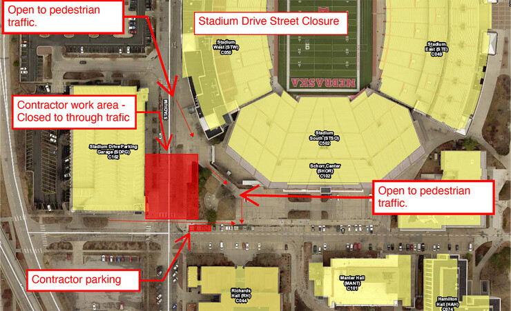 Map of planned construction on Stadium Drive, immediately north of the T Street intersection. The roadway will be closed from March 4 to early April.