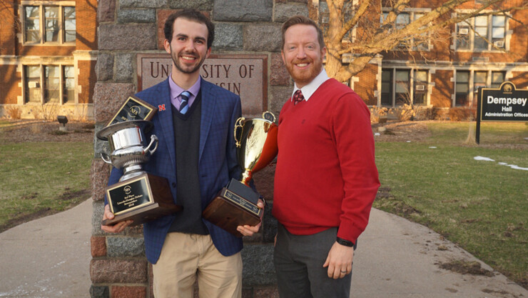 Nebraska's Colten White (left) and Aaron Duncan celebrate following the Lincoln-Douglas Debate competition at the National Forensics Association National Tournament at the University of Wisconsin, Oshkosh.