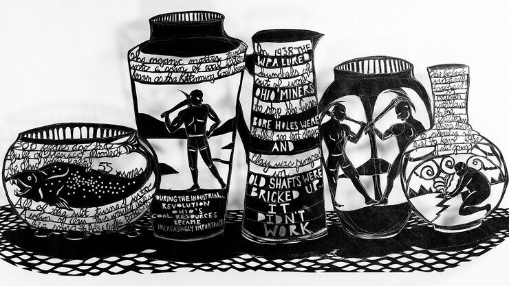 Sandra Williams' cut paper art piece that shows multiple vases and a verse.