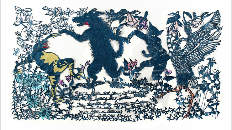 A cut paper artwork by Sandra Williams showing three animals dancing together around a verse.