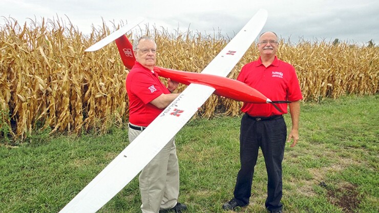  George Meyer, left, and Wayne Woldt complete a preflight check on the Tempest unmanned aircraft.