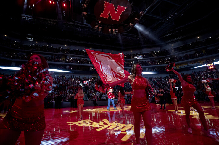 Herbie Husker and the Nebraska cheer squad rally fans during pregame activities at Pinnacle Bank Arena on Feb. 13.
