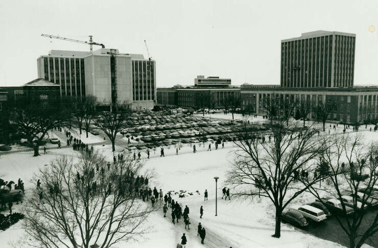 The area that would become the Cather Garden (parking lot) and Love Library North (right) around 1969.