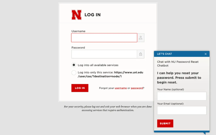 The chatbot screen on the new login screen design can be used to assist campus users. The update includes details on how to change passwords if necessary.