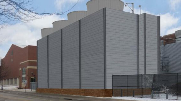 This rendering shows the exterior design for the new cooling tower by the City Campus utility plan. The new structure will feature a double-wall, fiberglass product that looks like architectural siding. Previous towers have used a corrugated fiberglass product.