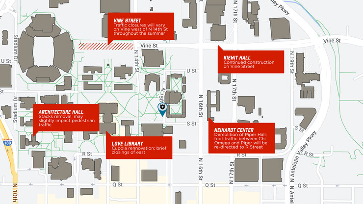 Map of summer 2022 construction on the University of Nebraska–Lincoln's City Campus