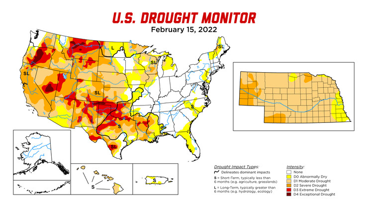 A composite of maps from the National Drought Mitigation Center show the current drought conditions in Nebraska and the United States.