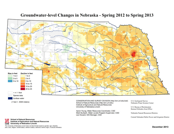 Map outlining groundwater-level changes in Nebraska from spring 2012 to spring 2013.