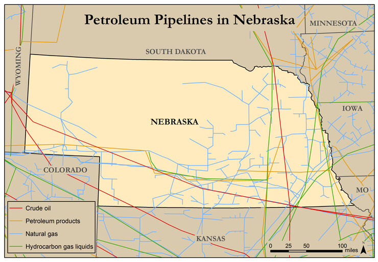 This map, from the publication "Assessing Petroleum Pipelines – Facts and Safety," shows existing petroleum pipelines in Nebraska as of 2014, including crude oil, petroleum products, natural gas and hydrocarbon gas liquids.