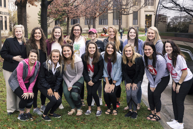 CUTLINE: Students in the University of Nebraska-Lincoln's Hospitality, Restaurant and Tourism Management program left Leverton Hall March 30 for Augusta, Georgia, where they will intern as hospitality professionals at the 2017 Masters Tournament at Augusta National Golf Club. They are (front row, from left): Jaki Zahourek, Scribner; Madison Plautz, Lincoln; Makenzie Kalkowski, Wisner; Taylor Carlberg, Johnson Lake; Marissa Sandman, Beatrice; Katie Kupka, Omaha; Natalie Pfeifer, Grand Island; and Maddy McClure, Columbus; (back row, from left): Shannon Rowen, assistant professor of practice, Nutrition and Health Sciences; Katie Coil, Hastings; Cassidy Kruse, Lincoln; Haley Jones, Bellevue; Murray Gilbertsen, Papillion; Alyssa Zizzo, Menasha, Wisconsin; Alexandra Lambert, Omaha; and Makenzie Fosler, Waverly.