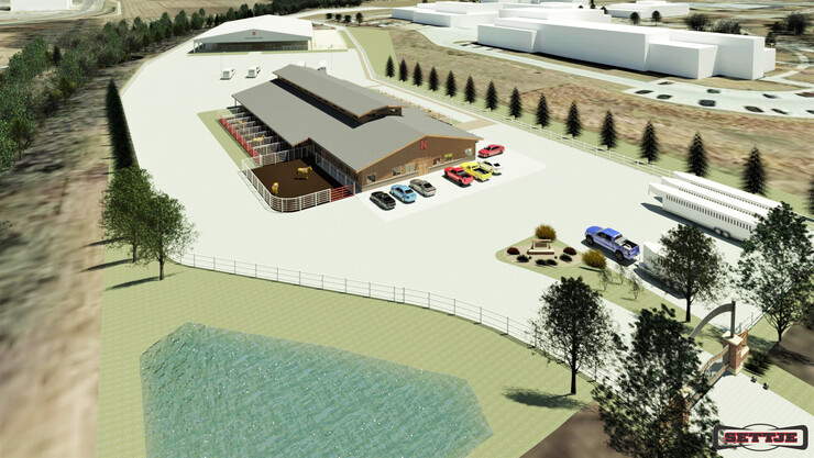 An artist’s rendering of the northwest view of the planned Equine Sports Complex, with the equine barn facility in the foreground.