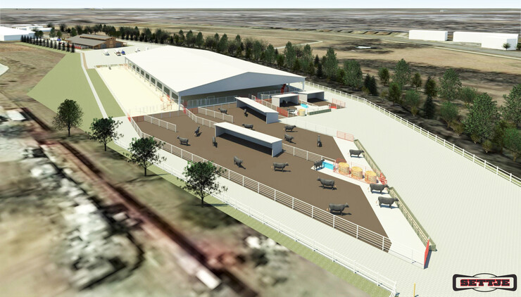 An artist’s rendering of the southwest view of the planned Equine Sports Complex, with the equine arena building in the foreground.