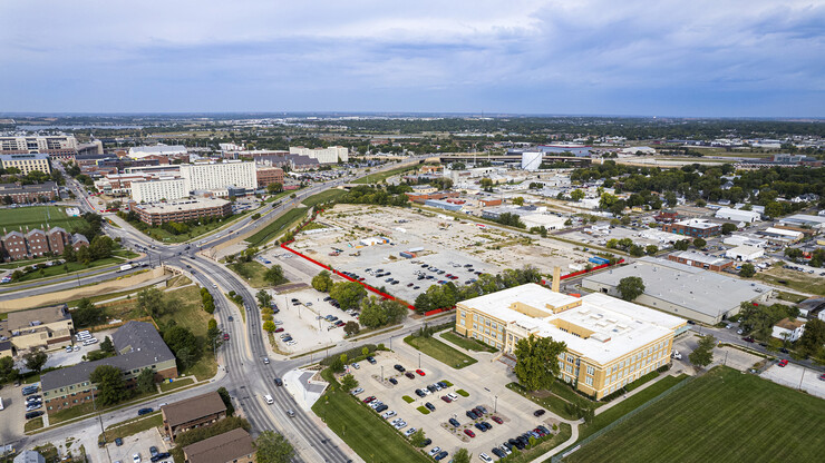 This aerial photo shows the proposed site of the Unity Commons mixed-use development at 2100 Vine St.