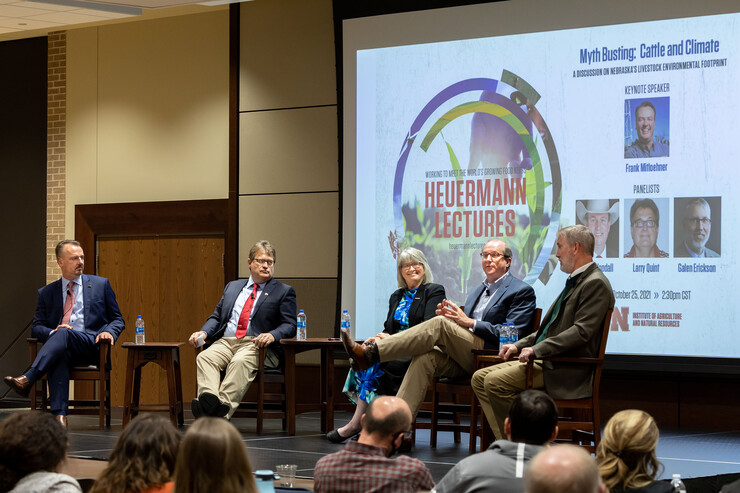 The panel discussion featured (from left) Mitloehner, Conagra Foods research fellow Larry Quint, Anselmo rancher Barb Cooksley, National Cattlemen’s Beef Association CEO Colin Woodall and Cattle Industry Professor of Animal Science Galen Erickson.