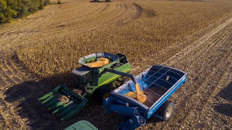 A combine works through a corn field north of Adams, Nebraska, in October 2020.