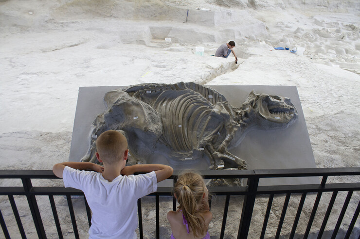 A boy and girl watch excavation work at Ashfall Fossil Beds State Historical Park