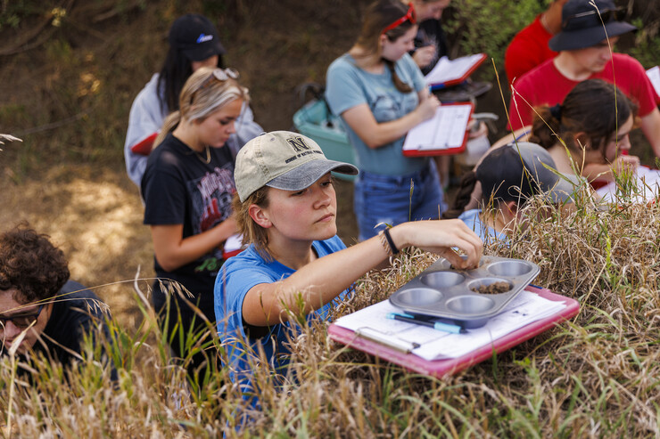 Kennadi Griffis places a sample into a tray for evaluation as she and fellow students in her NRES 279: Soil Evaluation course work in the East Campus soil pit.