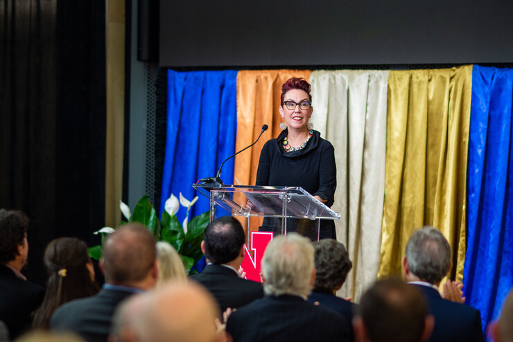 Megan Elliott speaks at the dedication of the Johnny Carson Center for Emerging Media Arts in 2019.