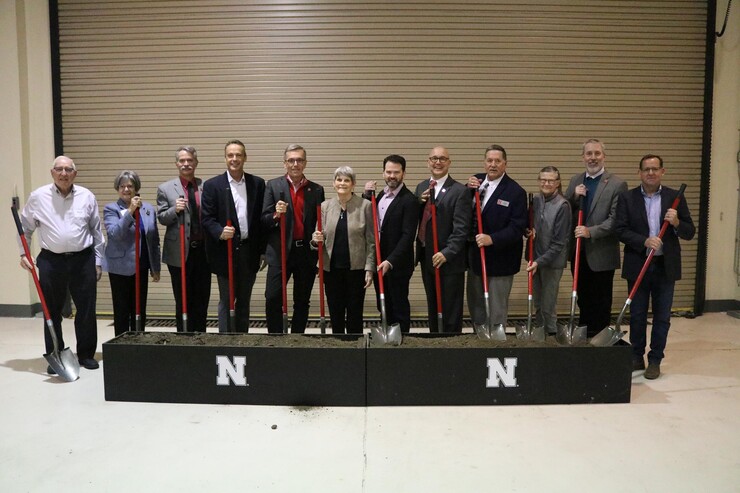 The University of Nebraska–Lincoln broke ground on its Feedlot Innovation Center near Mead on Nov. 4. Participating in the ceremony were (from left) Dennis and Glenda Boesiger; Clint Krehbiel, head of the Department of Animal Science; Mike Drury, president of Greater Omaha Packing; Chancellor Ronnie Green; Beth Klosterman; Steve Cohron, president of fed beef, JBS USA; IANR Vice Chancellor Mike Boehm;  Doug Zalesky, director of the Eastern Nebraska Research, Extension and Education Center; Nancy Klopfenstein, widow of Terry Klopfenstein; Galen Erickson, Nebraska Cattle Industry Professor of Animal Science; and Mark Jensen, president and CEO of Farm Credit Services of America.