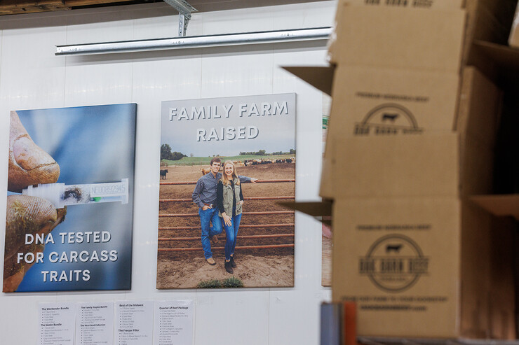 Posters hang on a wall at Oak Barn Beef. The business combines Hannah's entrepreneurial passion with her beef genetics degree from the University of Nebraska–Lincoln.