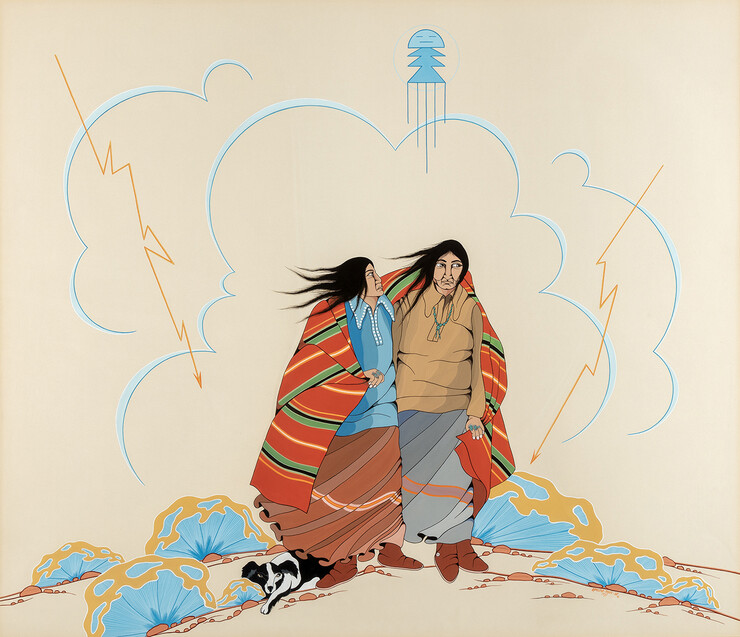 “Watching the Weather” by Diane O’Leary (Comanche), 1973, gouache on artist’s board.