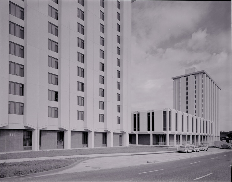 The Cather-Pound Residence Hall Complex when it opened in 1963. The university will raze the halls on Dec. 22.