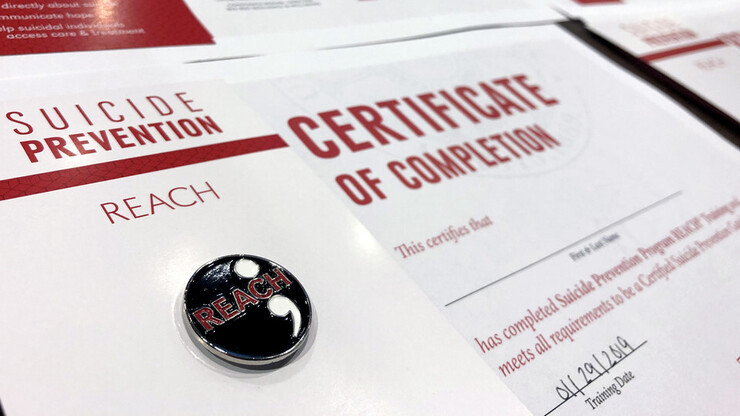 REACH Suicide Prevention lapel pin and certificate of completion given to participants who attend the in-person 90-minute training.