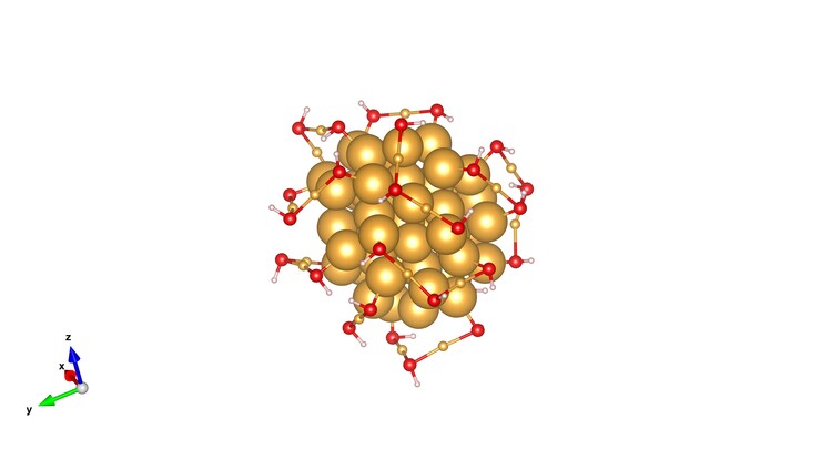 This rendering shows the atomic arrangements of a gold nano-cluster as reported in a new study led by UNL chemist Xiao Cheng Zeng. The cluster measures about 1.7 nanometers long -- roughly the same length that a human fingernail grows in two seconds.