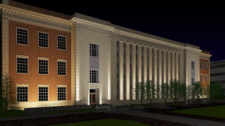 Architectural rendering that shows how the new LED lights will be used to showcase the south side of Love Library.