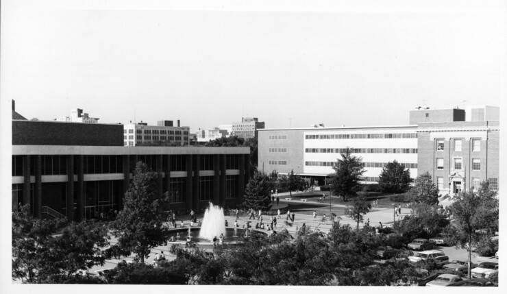 The original Broyhill Fountain (pictured above) was removed as part of a Nebraska Union expansion project in the 1990s. The fountain, which was round, would be located just inside today's north entrance to the Nebraska Union.