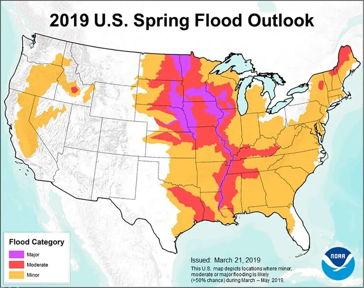This U.S. map depicts locations where minor, moderate or major flooding is likely (>50% chance) during March - May 2019.