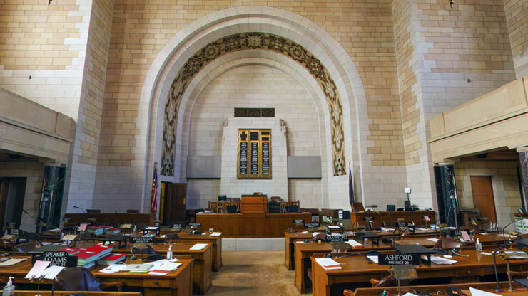 Legislative chamber inside the Nebraska State Capitol.