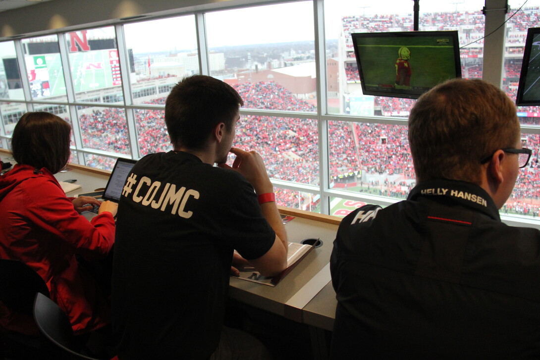 College of Journalism and Mass Communication students covered the 2018 Red-White Spring game from the Memorial Stadium press box during a "pop-up" class on play-by-play sports coverage. 