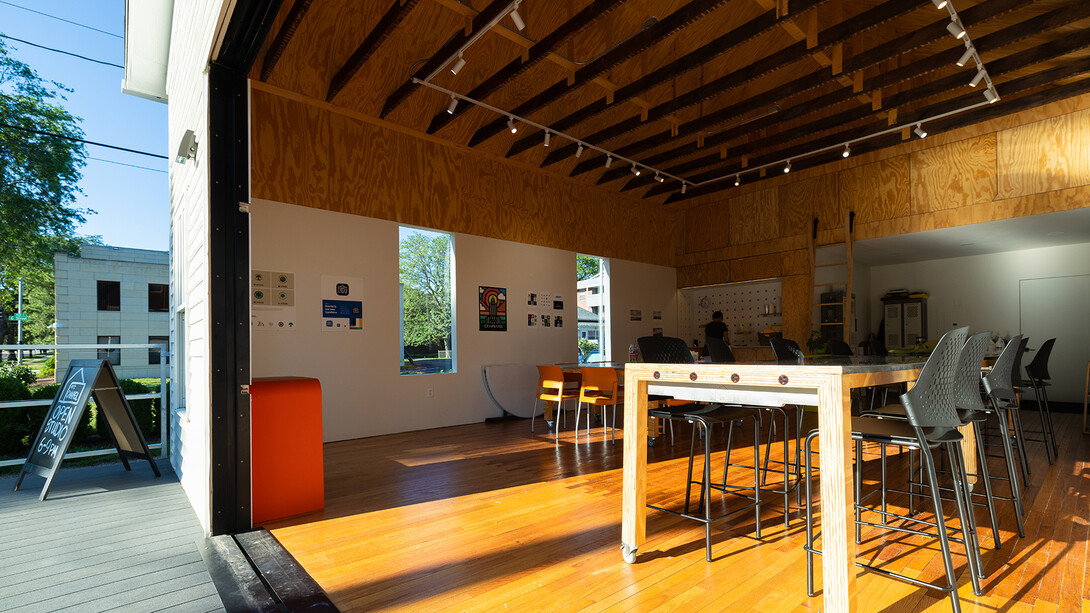 Each part of the Art Chapel, near F and 13th streets, from a large sliding entrance to the moveable tables, was designed and built by University of Nebraska–Lincoln College of Architecture students to help make the space open, inviting and adaptable. Shelves along the ceiling of the main room also provide ample storage for art and event supplies.