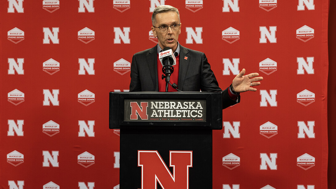 Chancellor Ronnie Green talks during the Feb. 24 Volleyball Day in Nebraska announcement.