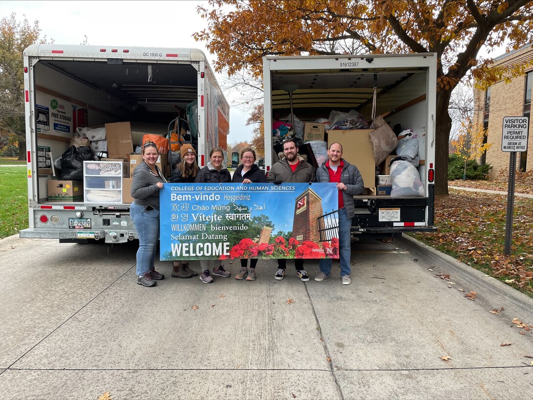 Members of the CEHS Staff Council loaded two moving trucks full of donated items to help refugees settling in Nebraska.